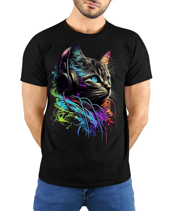 Neon DJ Cat Headphones Graphic T-shirt Cool - model wearing black shirt, hands behind back