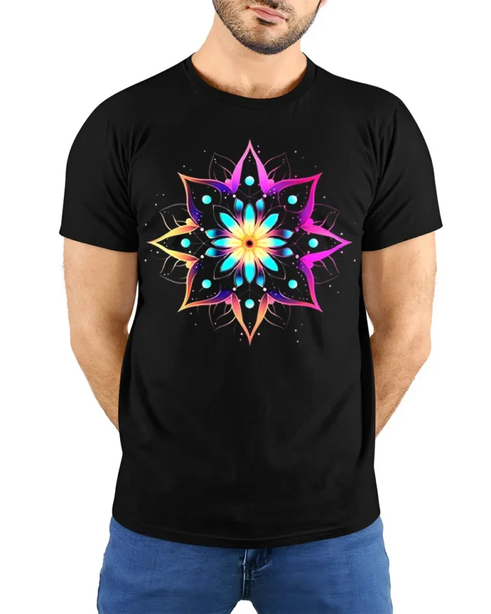 Psychedelic Mandala Art Printed T-shirt - model wearing black shirt, hands behind back