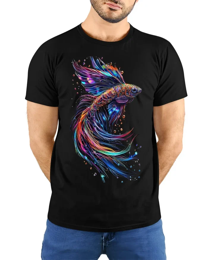 Colorful Betta Fish Art Printed T-shirt Cool - model wearing black shirt, hands behind back