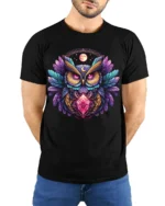 Mystic Owl Crystal Moon Graphic T-shirt - model wearing black shirt, hands behind back