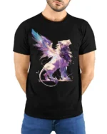 Fantasy Winged Lion Abstract Graphic T-shirt - model wearing black shirt, hands behind back