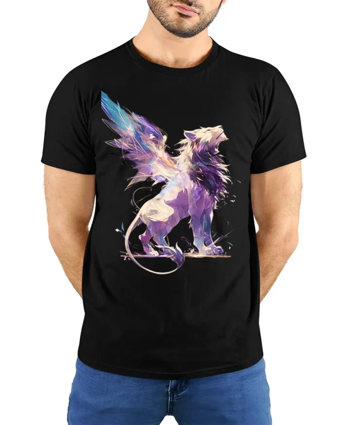 Fantasy Winged Lion Abstract Graphic T-shirt - model wearing black shirt, hands behind back