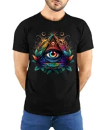 All Seeing Eye Illuminati Symbol T-shirt - model wearing black shirt, hands behind back