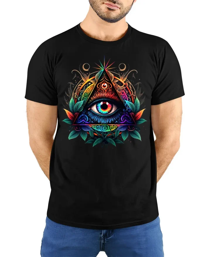 All Seeing Eye Illuminati Symbol T-shirt - model wearing black shirt, hands behind back