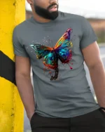 Color Splash Butterfly Graphic T-shirt - model in grey shirt leaning against column