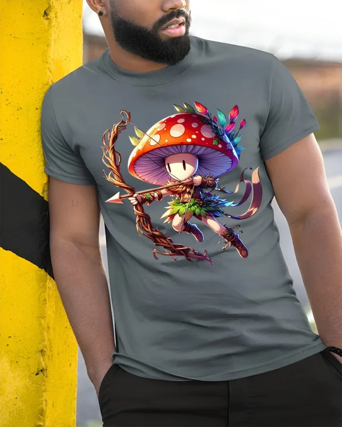 Mushroom Archer Fantasy Character T-shirt - model in grey shirt leaning against column