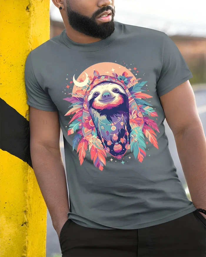 Boho Sloth Spirit Animal Graphic T-Shirt - model in grey shirt leaning against column