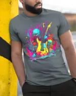 Neon Skull Guitar Rock Art T-Shirt - model in grey shirt leaning against column