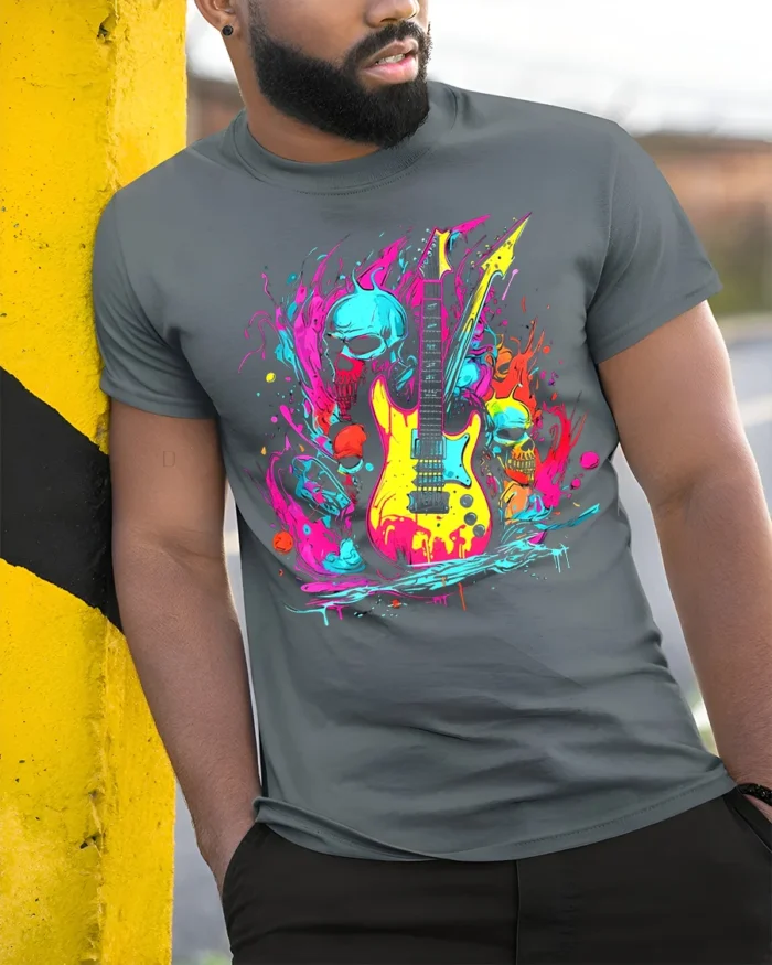 Neon Skull Guitar Rock Art T-Shirt - model in grey shirt leaning against column