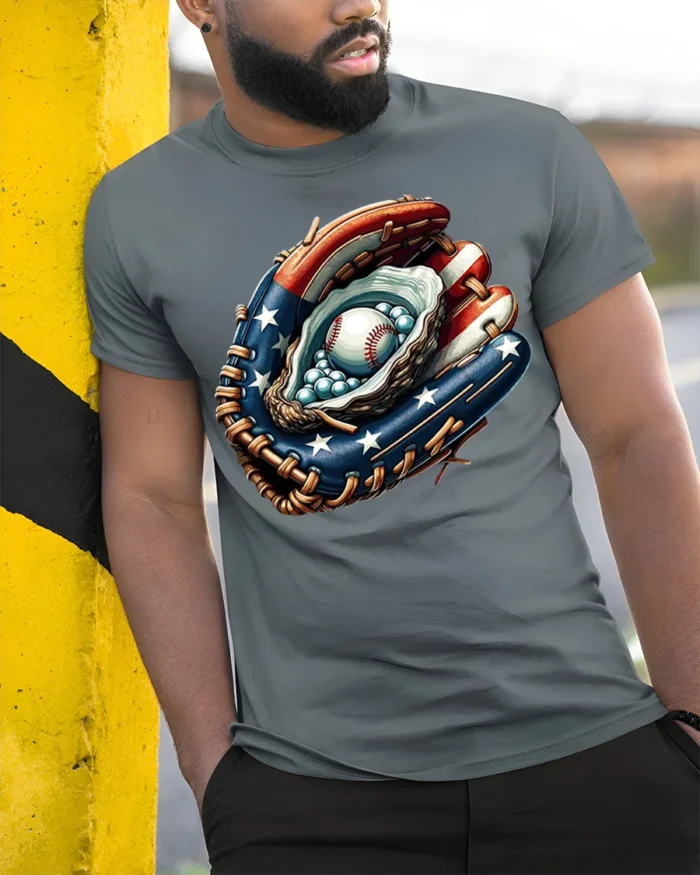 Patriotic Baseball Glove T-Shirt USA Flag Style - model in grey shirt leaning against column