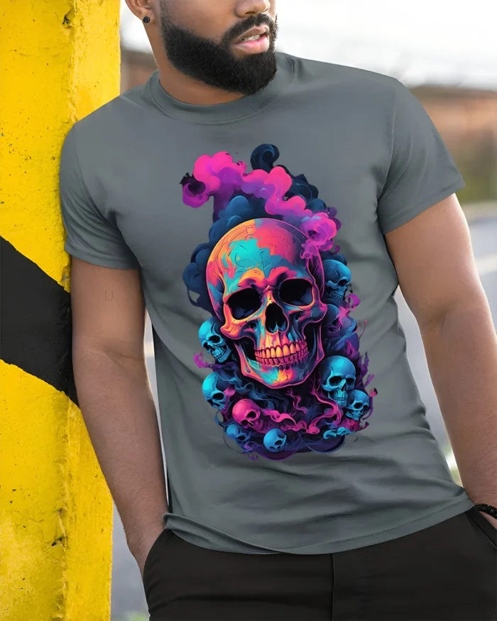 Neon Smoke Skull Art T-Shirt for Dark Style - model in grey shirt leaning against column