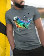Colorful Sea Seal Graphic T-Shirt Ocean Style - model in grey shirt leaning against column