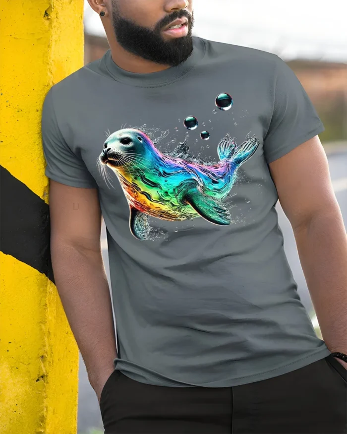 Colorful Sea Seal Graphic T-Shirt Ocean Style - model in grey shirt leaning against column