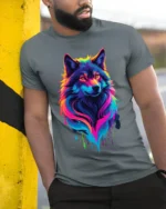 Rainbow Wolf T-Shirt Colorful Animal Print Tee - model in grey shirt leaning against column