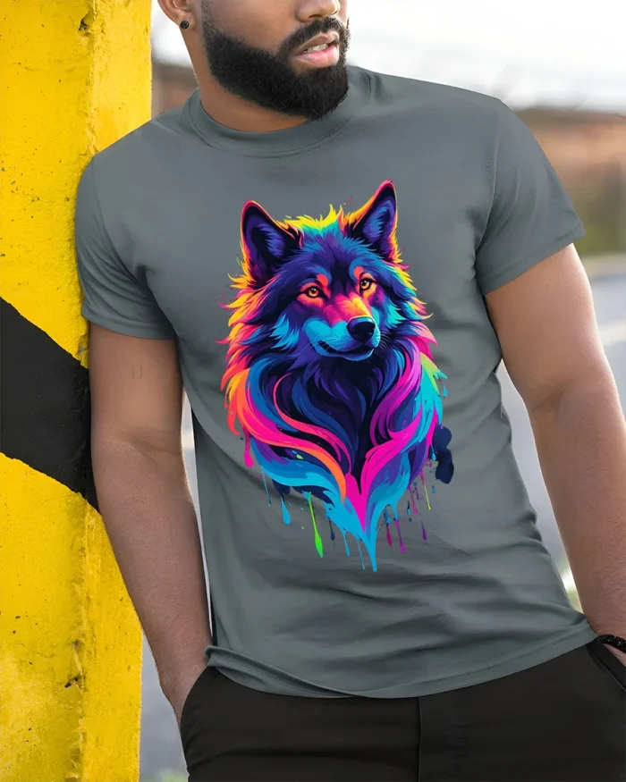 Rainbow Wolf T-Shirt Colorful Animal Print Tee - model in grey shirt leaning against column