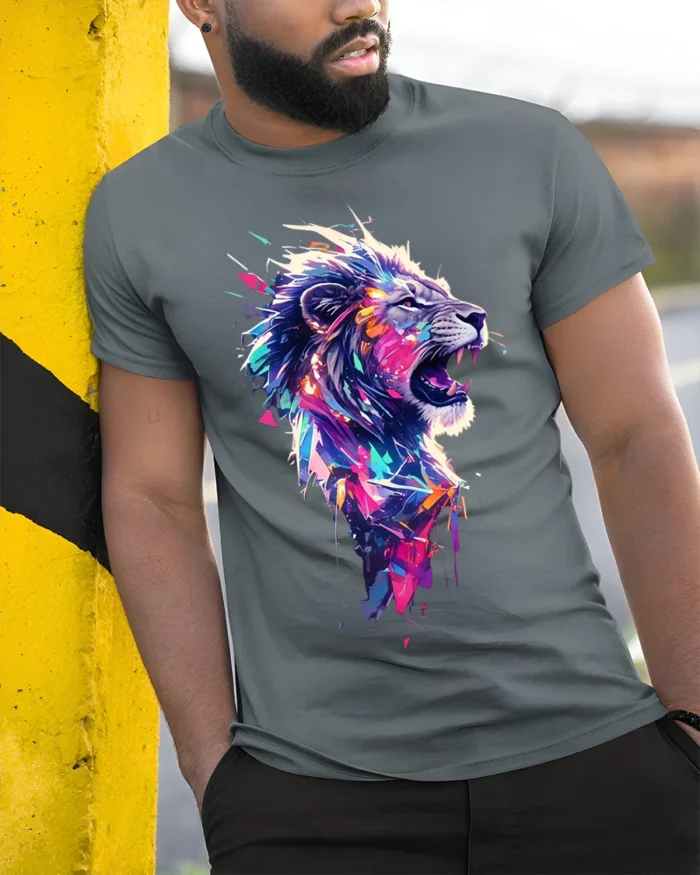 Roaring Lion T-Shirt Abstract Jungle Art Tee - model in grey shirt leaning against column