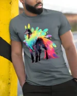 Rainbow Spirit Wolf Graphic T-shirt Cool Print - model in grey shirt leaning against column