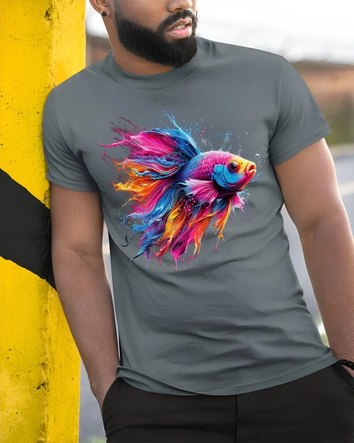 Vibrant Betta Fish Art Tee Soft Cotton T-shirt - model in grey shirt leaning against column