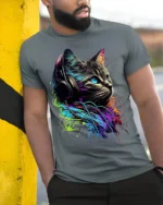 Neon DJ Cat Headphones Graphic T-shirt Cool - model in grey shirt leaning against column