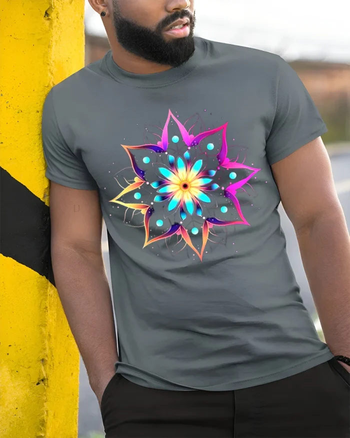 Psychedelic Mandala Art Printed T-shirt - model in grey shirt leaning against column