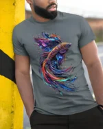 Colorful Betta Fish Art Printed T-shirt Cool - model in grey shirt leaning against column