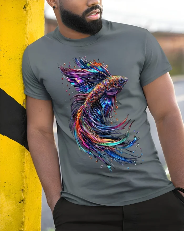 Colorful Betta Fish Art Printed T-shirt Cool - model in grey shirt leaning against column