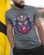 Mystic Owl Crystal Moon Graphic T-shirt - model in grey shirt leaning against column