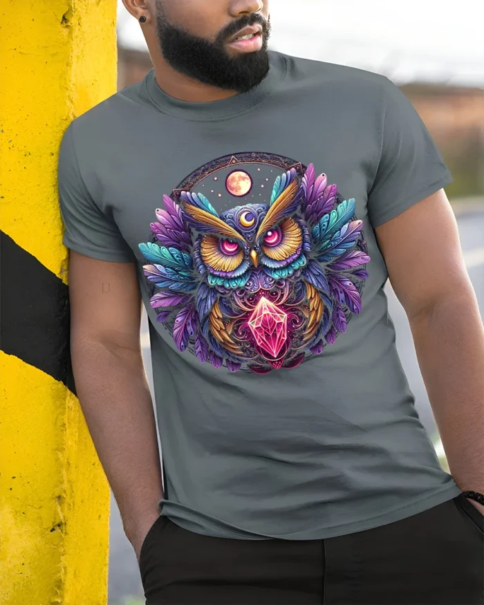 Mystic Owl Crystal Moon Graphic T-shirt - model in grey shirt leaning against column