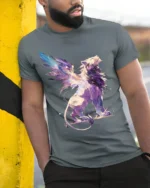 Fantasy Winged Lion Abstract Graphic T-shirt - model in grey shirt leaning against column