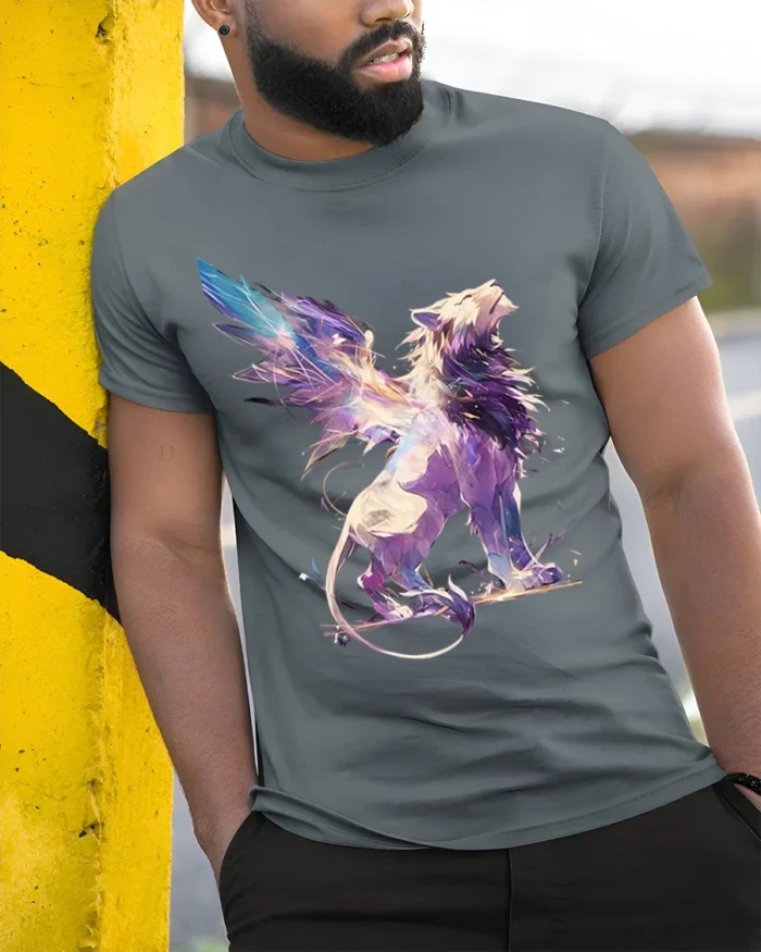 Fantasy Winged Lion Abstract Graphic T-shirt - model in grey shirt leaning against column
