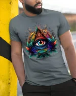 All Seeing Eye Illuminati Symbol T-shirt - model in grey shirt leaning against column