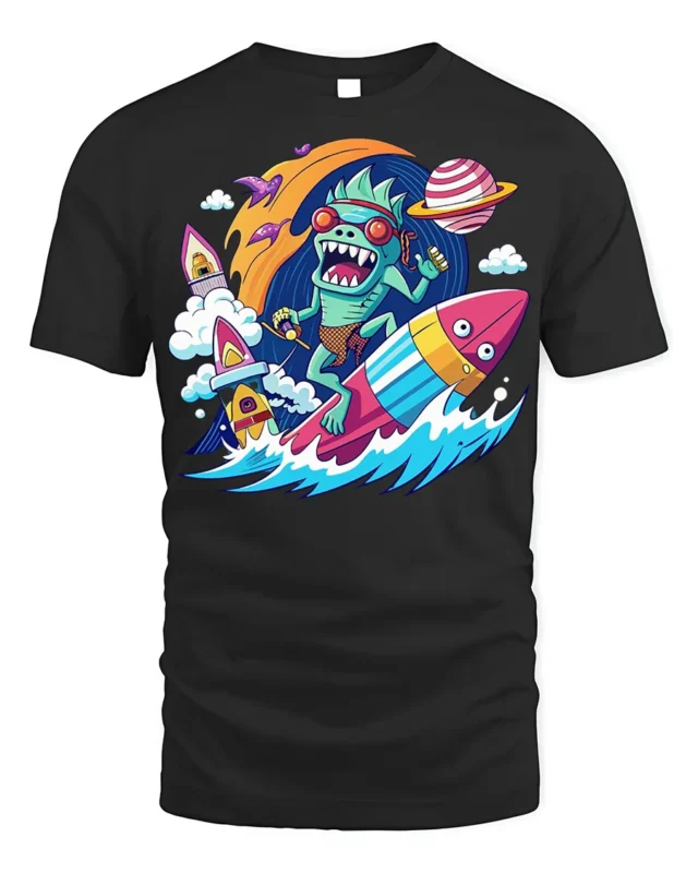 Alien Surfer Rocket Ride Graphic T-Shirt - black t-shirt on white background