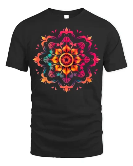 Boho Mandala Flower Burst T-Shirt - black t-shirt on white background