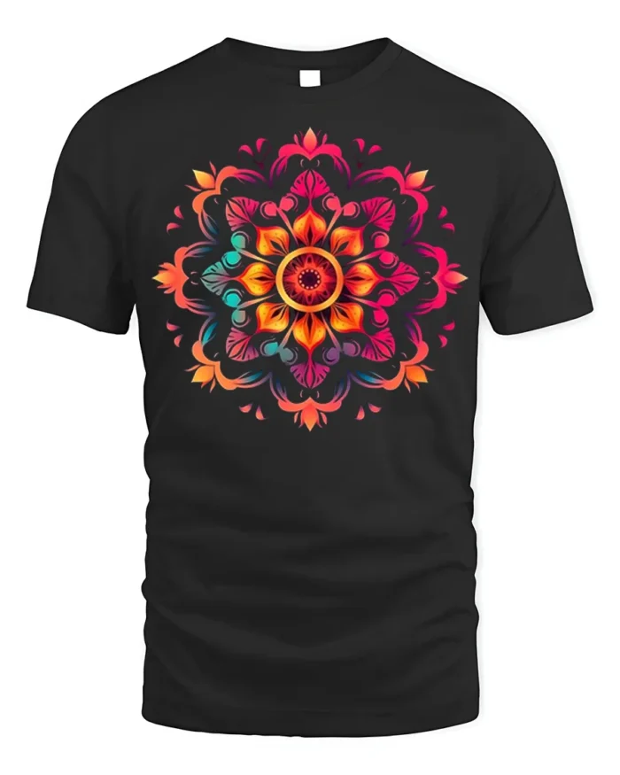 Boho Mandala Flower Burst T-Shirt - black t-shirt on white background