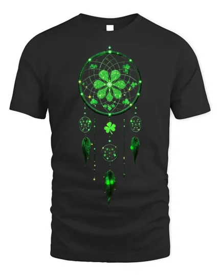 Lucky Dreamcatcher Shamrock Feather T-Shirt - black t-shirt on white background