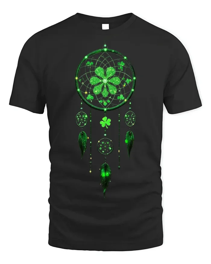 Lucky Dreamcatcher Shamrock Feather T-Shirt - black t-shirt on white background