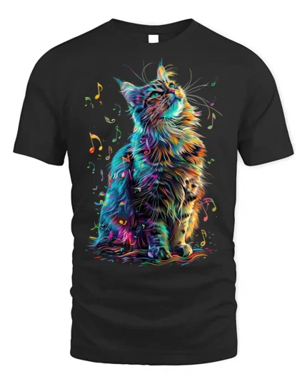 Colorful Music Cat T-Shirt - Artistic Vibe - black t-shirt on white background