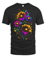 Neon Bloom Floral T-Shirt - Colorful Flower Art - black t-shirt on white background