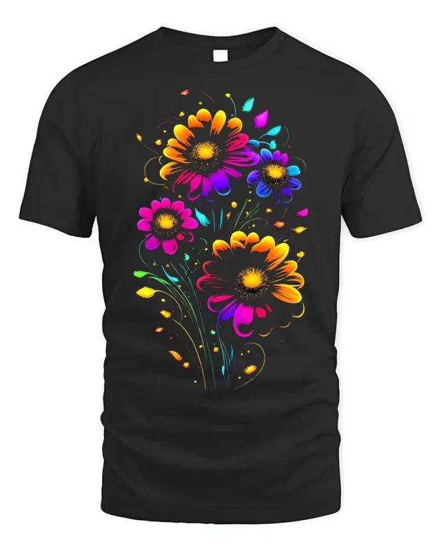 Neon Bloom Floral T-Shirt - Colorful Flower Art - black t-shirt on white background