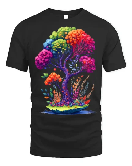 Rainbow Fantasy Tree Nature Art T-Shirt - black t-shirt on white background