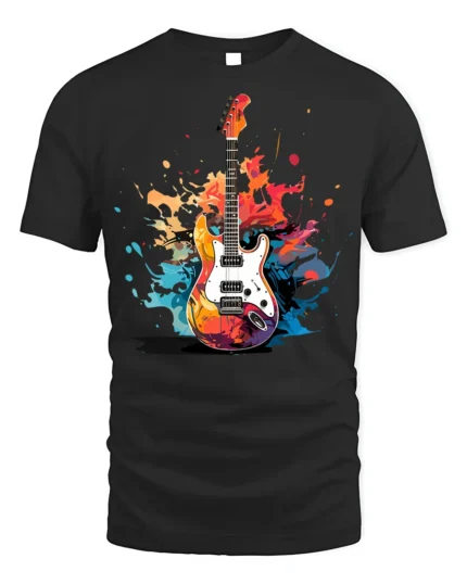 Electric Guitar Splash Art Graphic T-Shirt - black t-shirt on white background