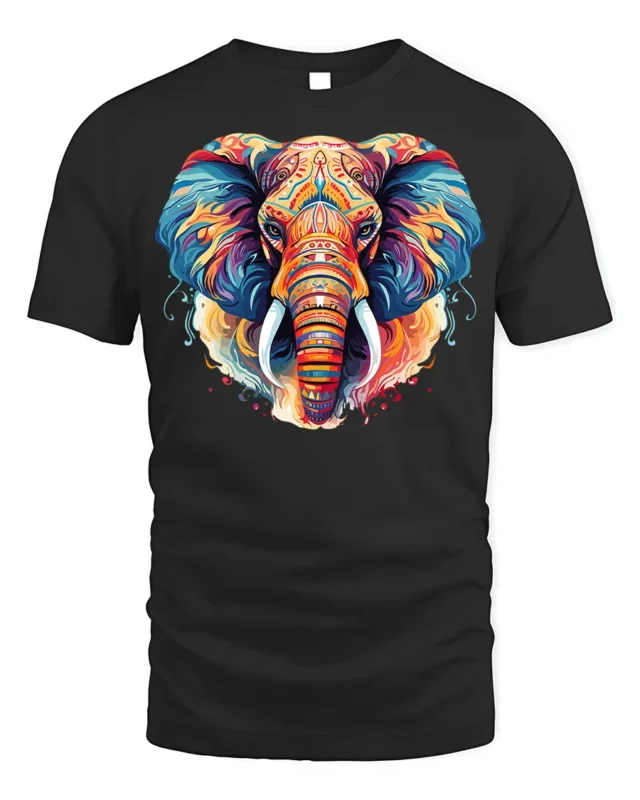 Colorful Elephant Tribal Art T-Shirt Design - black t-shirt on white background