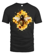 Honey Bee and Honeycomb Art Graphic T-Shirt - black t-shirt on white background