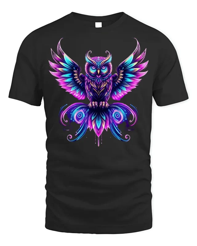 Mystic Neon Owl Art Graphic T-Shirt - black t-shirt on white background