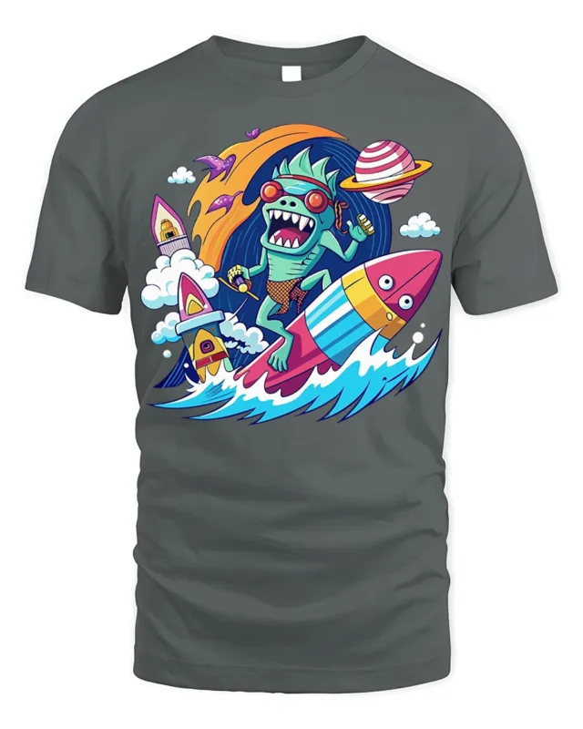 Alien Surfer Rocket Ride Graphic T-Shirt - gray t-shirt on white background