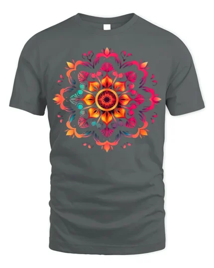 Boho Mandala Flower Burst T-Shirt - gray t-shirt on white background