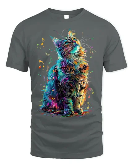 Colorful Music Cat T-Shirt - Artistic Vibe - gray t-shirt on white background