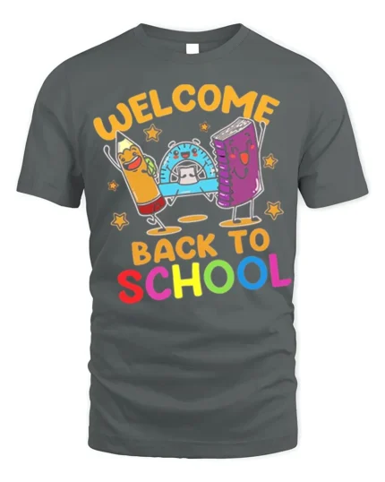 Welcome Back to School T-Shirt - Cute Cartoon Style - gray t-shirt on white background