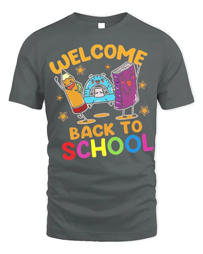 Welcome Back to School T-Shirt - Cute Cartoon Style - gray t-shirt on white background