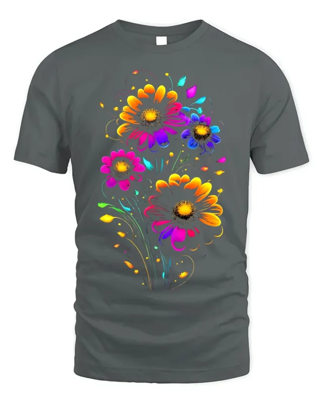 Neon Bloom Floral T-Shirt - Colorful Flower Art - gray t-shirt on white background